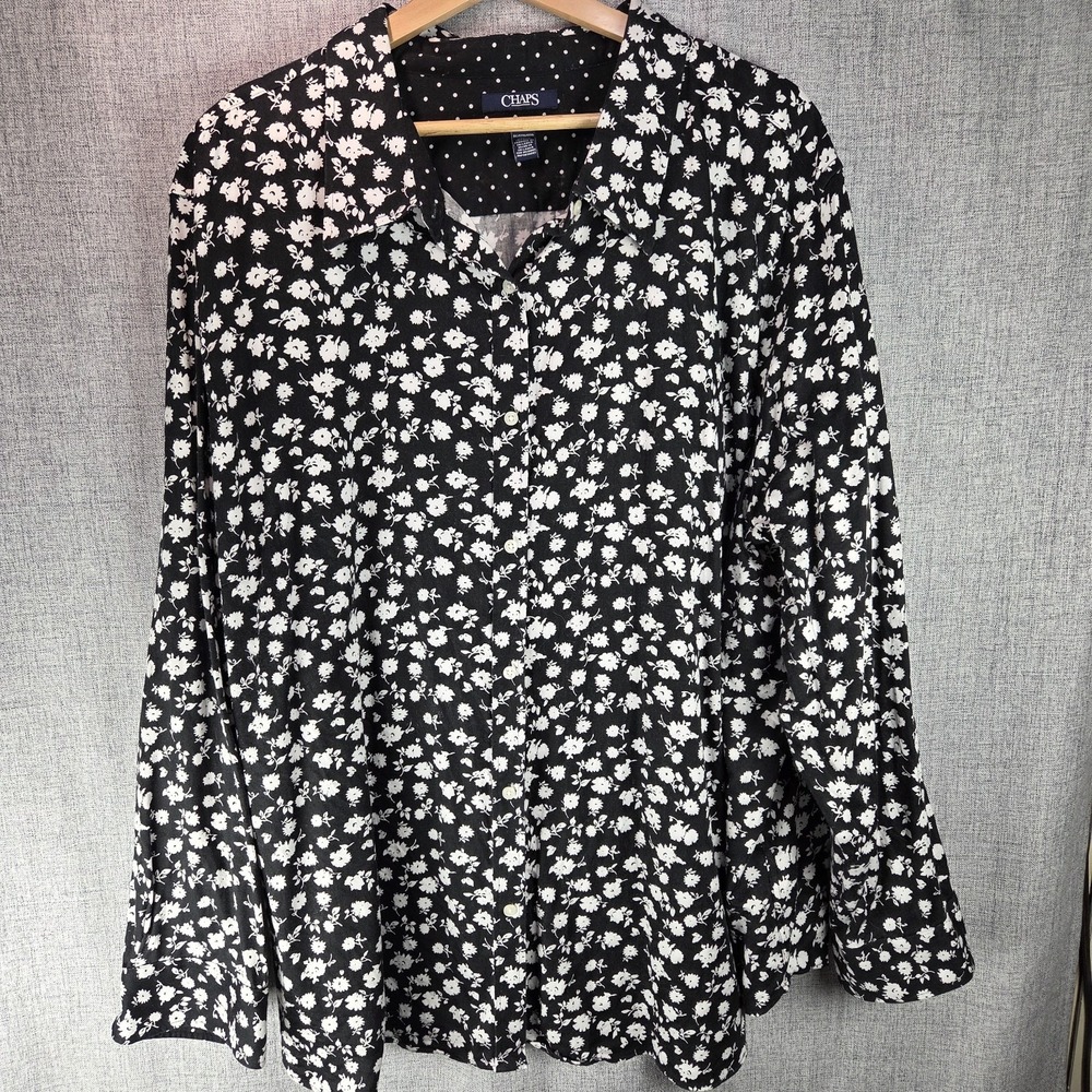 Chaps Womens Black White Ditsy Floral Print Button Down No Iron 3X Cottagecore